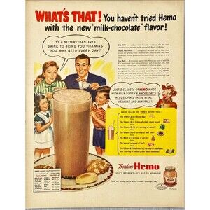 Borden's HEMO Milk Chocolate Flavor powder mix "Mix with Milk" Vtg Print Ad 1946
